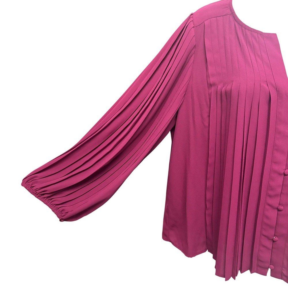 Nine West Womens Berry Magenta Pleated‎ Long Sleeve Button Front Blouse Size M - Picture 4 of 9